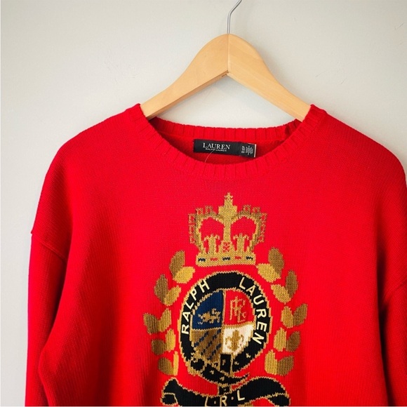 Ralph Lauren Intarsia Red Crest Crew Neck Sweater RARE - Picture 3 of 8